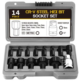 14-Piece Socket Set, Hexagon Socket Bit Set, Impact Wrench Nuts 1/2 Inch, Hex Bit Set H3-H24 mm, for Electric Wrench, Ratchet Wrench
