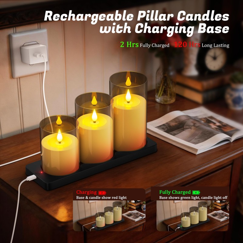 PChero Rechargeable Flameless Pillar Candles with Magnetic Base, 3 Pack