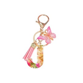 Initial Letter Keychains Pink Flower Butterfly Keychain Birthday Gifts for Women Bling Keychain For Backpack Wallet(J)