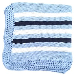 Knitted Crochet Finished Dark Blue Cotton White Navy Stripes Baby Blanket