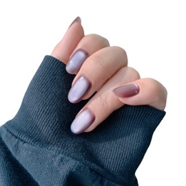 Cat Eye Press on Nails Handmade Short Oval/Square/Round False Nails with French Tip/Aurora/Magnetic Shimmer Designs (Silky#Purple Pearl, Medium)