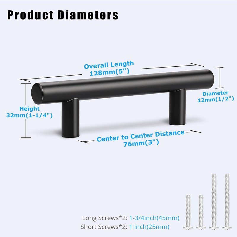 KNOBWELL 6 Pack 3" Kitchen Cabinet Handles Black, Modern Matte