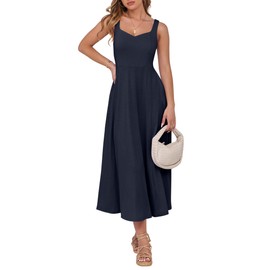 ANRABESS Women Summer Casual Dress Sleeveless Smocked Back Tank Midi Dresses 2025 Beach Vacation Sundress with Pockets Medium Navy Blue