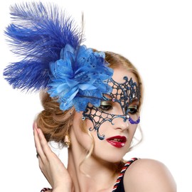Zinniday Blue Masquerade Masks for Women - 1920s 50s Vintage Feather Mask with Royal Blue Rhinestone Venetian Lace Eyemask for Woman Couples Mardi Gras Costumes Dress Party Wedding Renaissance