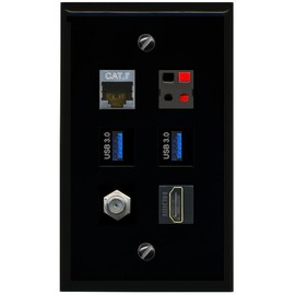 RiteAV CAT7 Coax HDMI Speaker 2 USB 3 Flat/Solid Wall Plate [Black]