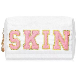 Preppy Patch Makeup Bag,Corduroy Chenille Letter Cosmetic Bag,Girls Gift,Girls Make Up Bag,Cute Cosmetic Bag,Skin Care Products Preppy,Travel Pouch for Women,Teenager Gifts,Teen Gifts for Girls