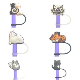 6 Pack Straw Toppers, Silicone 8mm Straw Tip Covers for Tumblers, Reusable Dust-Proof Drinking Straw Toppers for 6-8mm Straws (Cat Mom Bundle)