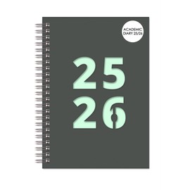 A5 Academic Diary 2025-2026 Week to View – Durable Spiral-Bound Planner with Grey Plastic Cover & Mint Green Inlay – Student & Teacher Organiser – A5 Size