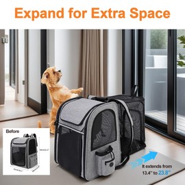 Cat Backpack Carrier Expandable, Expand from 13.4’’ to 23.8’’, Cat Backpack for Large Cats Small Dogs, Multi-Pocket, Foldable, Highly Ventilated with Wide-Opening Doors (Grey)