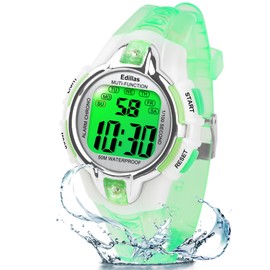 Edillas Kids Digital Watches for Girls Boys,7 Colors LED Flashing Water Resistant Wrist Watches,Child Sport Outdoor Multifunctional Wrist Watches with Stopwatch/Alarm for Ages 5-14 (Green)