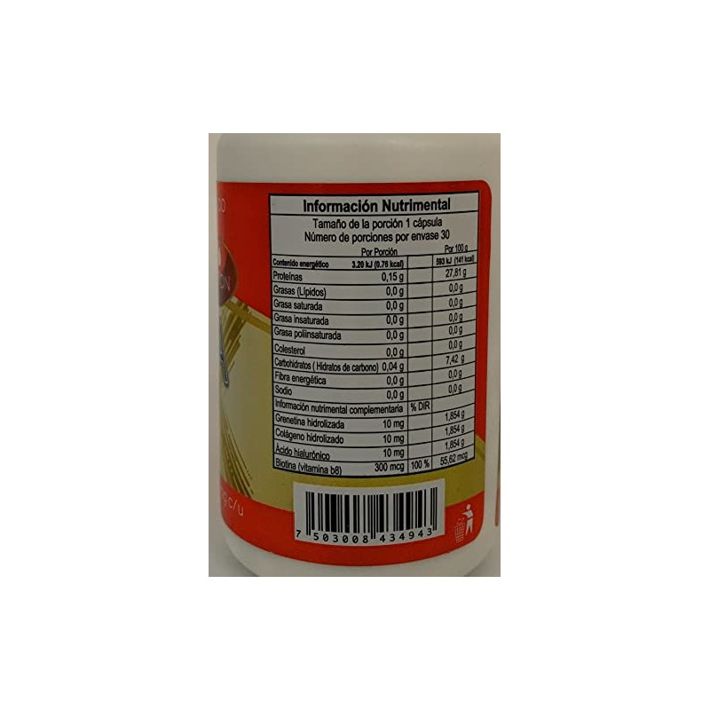 Biotina con Grenetina, Colágeno y Ácido Hialurónico, 30 Cáps.