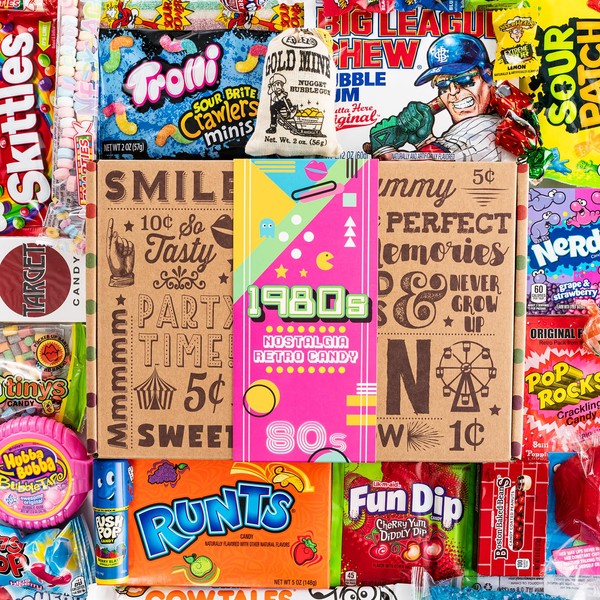 VINTAGE CANDY CO. 1980s RETRO CANDY GIFT BOX - 80s Nostalgia Candies - Flashback EIGHTIES Fun Gag Gift Basket - PERFECT '80s Candies For Adults, College Students, Men or Women, Kids, Teens