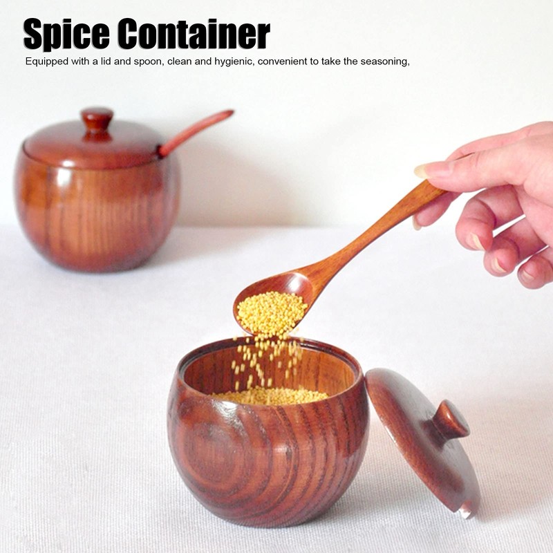 Wooden Spice Container, Salt Box with Lid, Spoon, Vintage Spice