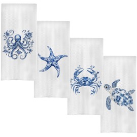 BYRFIIEU Chinoiserie Coastal Kitchen Towels, Beach Nautical Hand Towels for Bathroom Decor, Octopus Starfish Crab Sea Turtle Ocean Life Decorative Dish Tea Towels for Kitchen, 16x24 Inch Set of 4