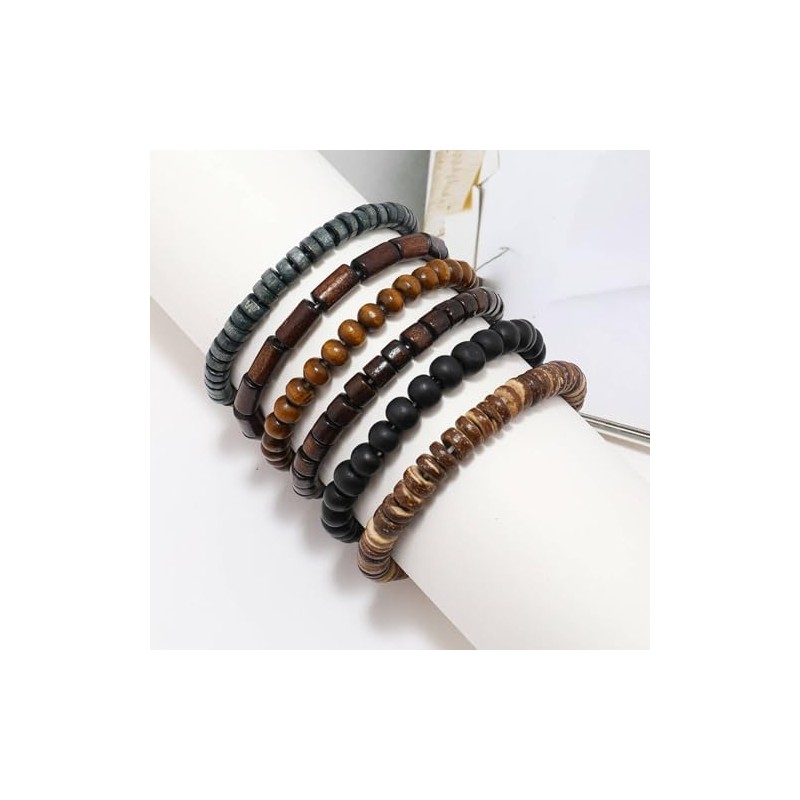 MILAKOO 6Pcs Wooden Bracelet Multilayer Grunge Set Stretch Bracelets Wrap