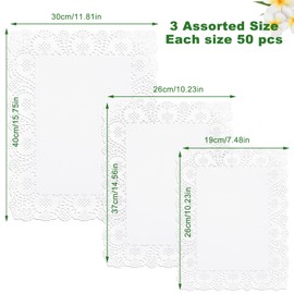 150 Pcs Assorted Sizes Paper Doilies 3 Sizes Rectangle Paper Doilies White Doilies for Food Lace Paper Doilies for Table Wedding Birthday Cakes Desserts Food Decoration, 10.24 x 7.48 Inches