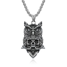 xuanhang Unisex Stainless Steel Owl With Skull Pendant Necklace for Men Women,Titanium Steel 3D Owl Charm Jewelry Chain Necklace for Mens,Owl Skull Protection Amulet Necklaces,24inch Chain