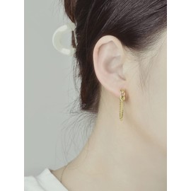 Lansora Cute Dainty 10MM Small Minimalist Tassel Chain Link Drop Dangle Huggie Hoop Earrings 925 Sterling Silver Gold Plated Hinged Sleeper, No Gemstone