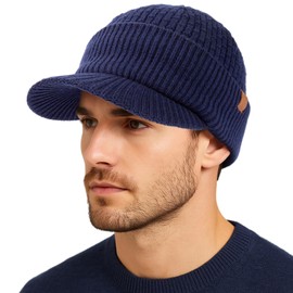 TOP-EX PolarWool 100% Merino Wool Peaked Cap Men Women Winter Knitted Beanie Hat with Fleece Lining for Outdoor Running Ski, M-XXL, navy, M - L