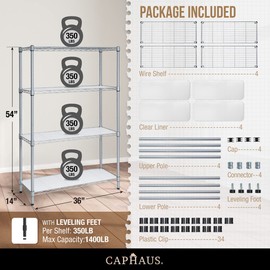 CAPHAUS NSF Adjustable Shelves Metal Wire Shelving Unit w/Liners, Kitchen Storage Shelving, Metal Steel Storage Shelving, Garage Shelving Storage Organizer, Utility Shelf, 4-Tier No Wheels, Silver