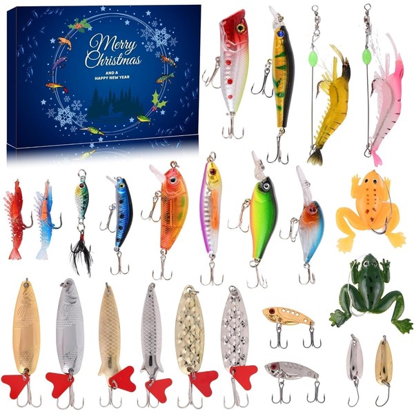 Advent Calendar Fishing Christmas Countdown, 24 Days Fishing Lures Set for Fishers Adult Men Teen Boys, Christmas Advent Calendar 2023