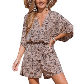 CUPSHE Women's Jumpsuit V-Neck Short Sleeve Romper Leopard Print Wide Leg Short Jumpsuit with Belt Casual Loose Playsuit, Leopard-black