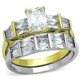 YourJewelleryBox Ladies Wedding Ring Set Gold CZ Emerald Cut Two Tone Engagement Steel new TK1708 J