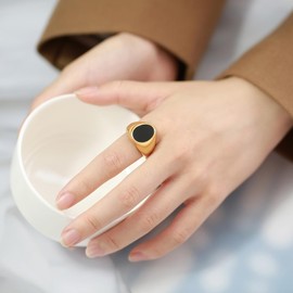 MYNENEY Stainless Steel Round Shape Classical Simple Plain Wedding Engagement Statement Pinky Band Signet Rings for Men Women Size 4-15 (Gold+Black, 10)