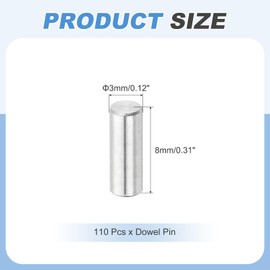 sourcing map 110Pcs Dowel Pin 3mm x 8mm Shelf Support Pin 304 Stainless Steel Shelf Pegs for Shelves Cabinets Furniture Nickel Plated, Silver Tone Plated, Silver Tone