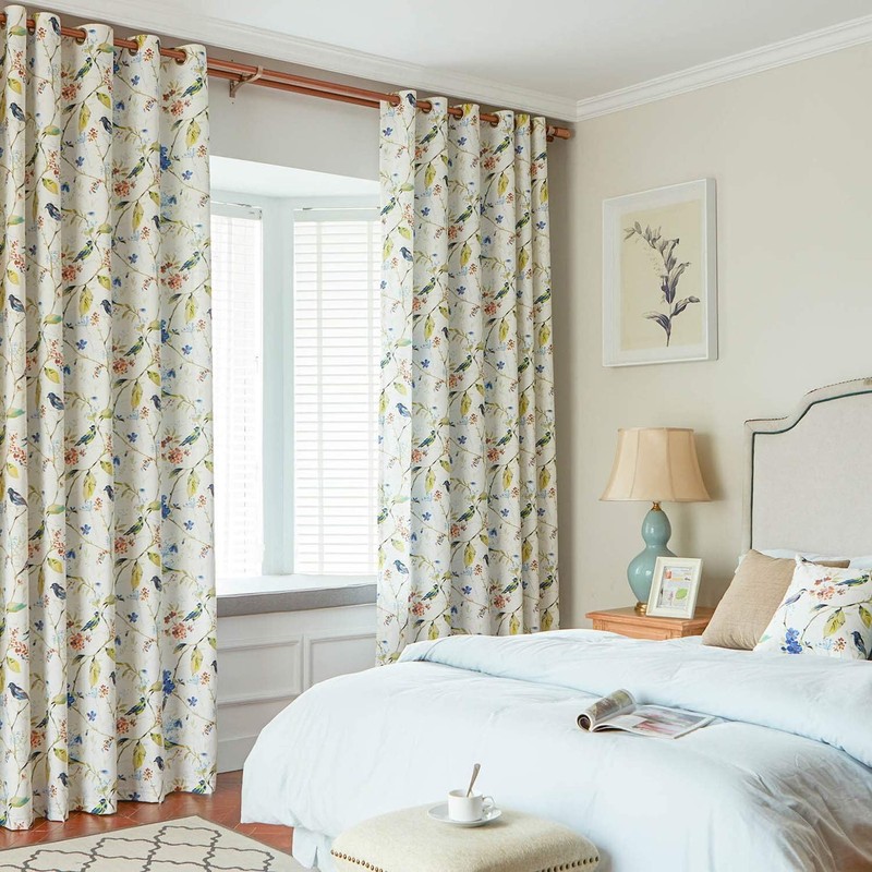 VOGOL Birds and Floral Curtains, Blue Printed Pattern Design, Light