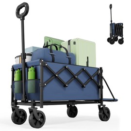 Canpsky Collapsible Folding Wagon with Tailgate, Wagons Carts Foldable with 350lbs Capacity, Lightweight Portable Utility Wagon Cart for Shopping Camping Sports Garden（Navy）
