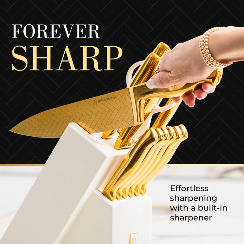 Styled Settings Gold Knife Set with Block and Sharpener –