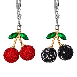 2Pcs Bling Cherry Car Hanging Ornament Cherry Car Decor Accessories for Women Cute Crystal Rear View Mirror Pendant Sparkly Rhinestones Automotive Decoration Hippie Accessory Charm Gifts (Red,Black)