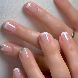 CEWEWP 24Pcs French Tip Press on Nails Short Square Fake Nails with Glitter Designs Glossy Nail Tips Cute Full Cover Acrylic Nails Artificial Nude False Nails Natural Glue on Nails for Women and Girls