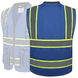 JKSafety 10 Pockets Hi-Vis Zipper Front Fluorescent Blue Safety Vest | Cushioned Collar | High Reflective Tapes with Extended Neon Yellow Strips | Meets ANSI/ISEA Standards (Large, 89-Blue)