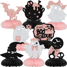 SJcysrilla - 8 piezas de decoración de Halloween para baby shower con texto en inglés "A Little Boo is Almost Due Honeycomb Centerpieces de fiesta de Halloween para niña
