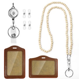 Colorful Wood Beaded Teacher Lanyard with ID Holders,Retractable Badge Reel,Fashion Cute Lanyard for ID Card Badges Holder Keys Eyeglass Chains for Women (1, Burlywood)