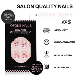 Valentines Press on Nails Short Square OFDNE White French Tip Fake Nails False Nails with Designs Red Pink Heart Full Cover Glossy Glue on Nails Acrylic Nails for Women Girls 24 Pcs
