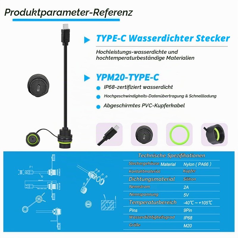 Penglin 1 Piece M20 IP68 Waterproof USB 3.1 Type C