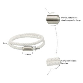 globi Leather Bracelet For Men | Genuine Wrap Braided Leather Cuff Bangle Bracelet with Magnetic Stainless Steel Clasp For Men/Women (White, 7)