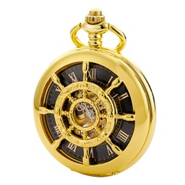 TREEWETO Mens Women Pocket Watch Hollow Rudder Case Roman Numerals Dial Skeleton Golden Fob Watches