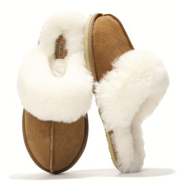 Project Cloud Scuff Slippers for Women -100% Genuine Shearling- Memory Foam Slides for Women mules for women 2024- Non-Slip Womens slippers - Christmas Slippers (LYNSEY, CHSTNUT, 8)