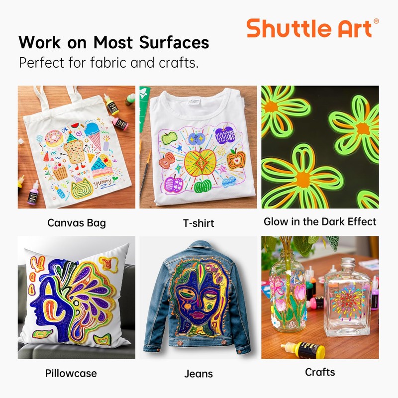 Shuttle Art Fabric Paint, 24 Colors 3D Permanent Paint with