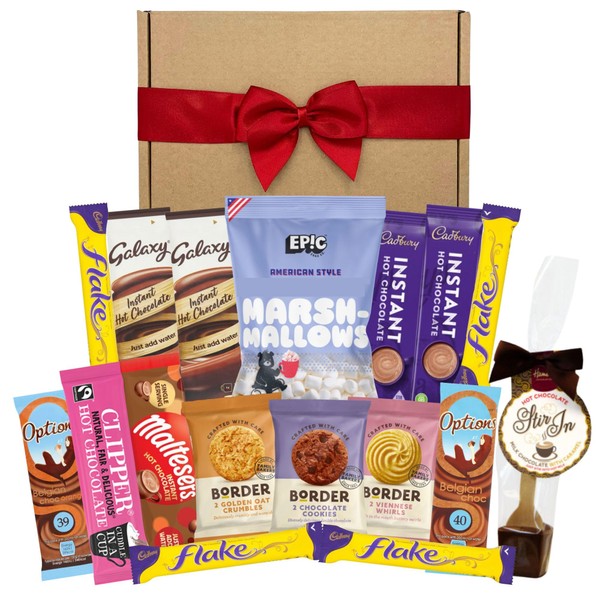 Hot Chocolate Gift Set with x8 Hot Chocolate Sachets, Mini Marshmallows for Hot Chocolate, Hot Chocolate Stirrer, Boarder Biscuits and more | A Hot Chocolate Gift Bundle Hamper