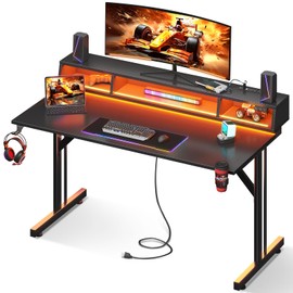 MOTPK Gaming Desk with Float Monitor Stand, Computer Desk 48inch with Shelves & Power Outlet, Gamer Desk Gaming Table with LED Lights, Kids Boys Gaming Desk, Black