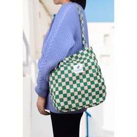 TeeYee Women's Handbag Corduroy Shopper Cord Tote Bag for Books Travel Everyday School Work Shopping Bag for Girls Green Check