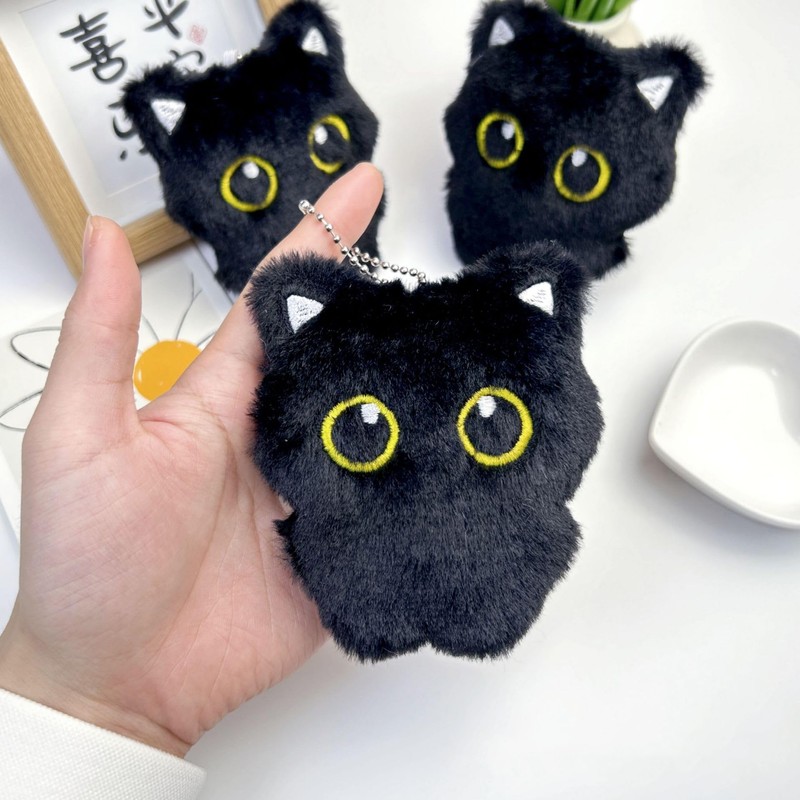 LOHGOU Fluffy Cute Cat Charm Keychain Black Cat Charm Key