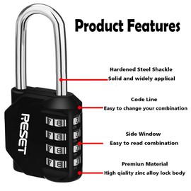 RESET- 4 Digit Combination Padlock with 2.4 inch Long Shackle, Combination Lock,Outdoor Waterproof Padlock for School Gym Locker, Fence, Gate, Toolbox,Black
