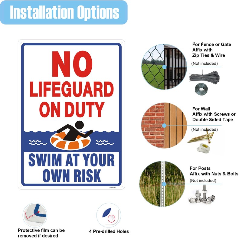 JIAMING No Lifeguard On Duty Signs,2 Pack 14x10 Inch Swim