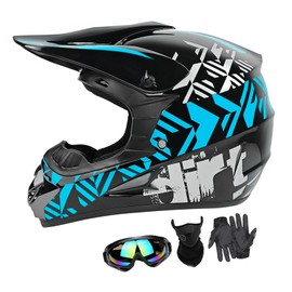 Youth Dirt Bike Helmets Teen Kids Motocross, Motorcycle, BMX, ATV, Off-Road, Four Wheeler, Moutain Bike Fashion Full Face Helmets Dot Approved (Goggles Gloves Faceshield) (Blue Small)